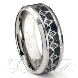 Titanium 8MM Masonic Symbol Inlay over Black Carbon Fiber Inlay Wedding Band Ring